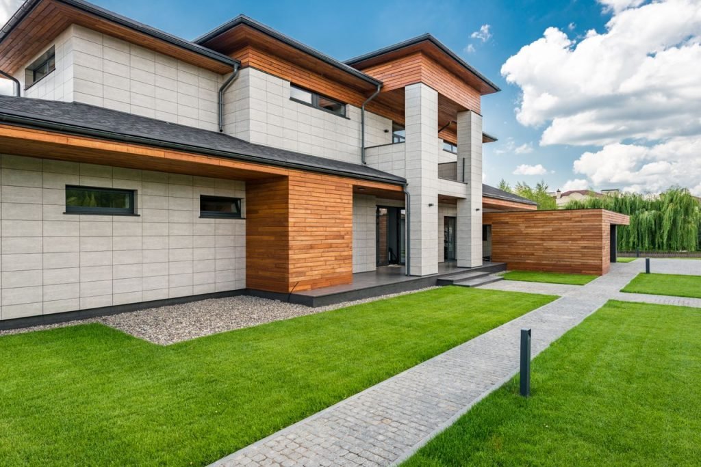 The Art of Drawing Readers In: Your attractive post title goes here Exterior of contemporary residential house with green lawn and paths in sunny day